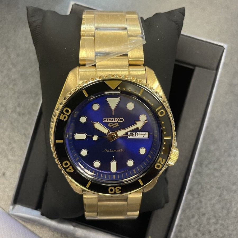 Seiko 5 Sports US Special Edition Automatic Blue Dial Gold Steel Strap Watch For Men - SRPK20