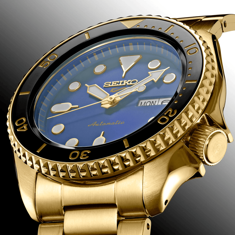 Seiko 5 Sports US Special Edition Automatic Blue Dial Gold Steel Strap Watch For Men - SRPK20