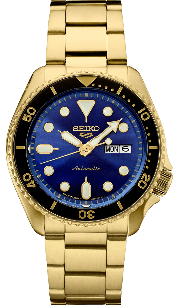 Seiko 5 Sports US Special Edition Automatic Blue Dial Gold Steel Strap Watch For Men - SRPK20