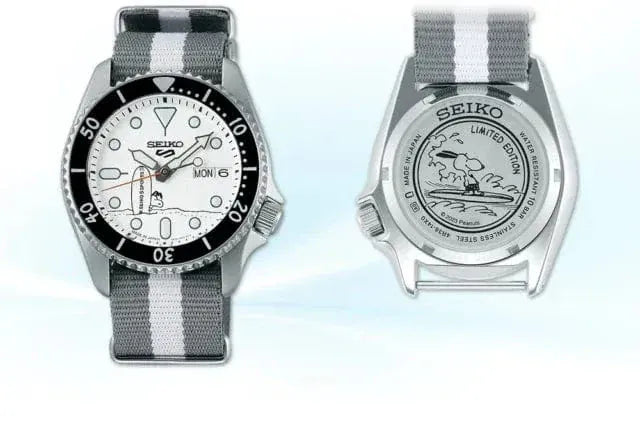Seiko 5 Sports x Peanuts Surfboard Snoopy Limited Edition White Dial Two Tone NATO Strap Watch For Men - SRPK25K1
