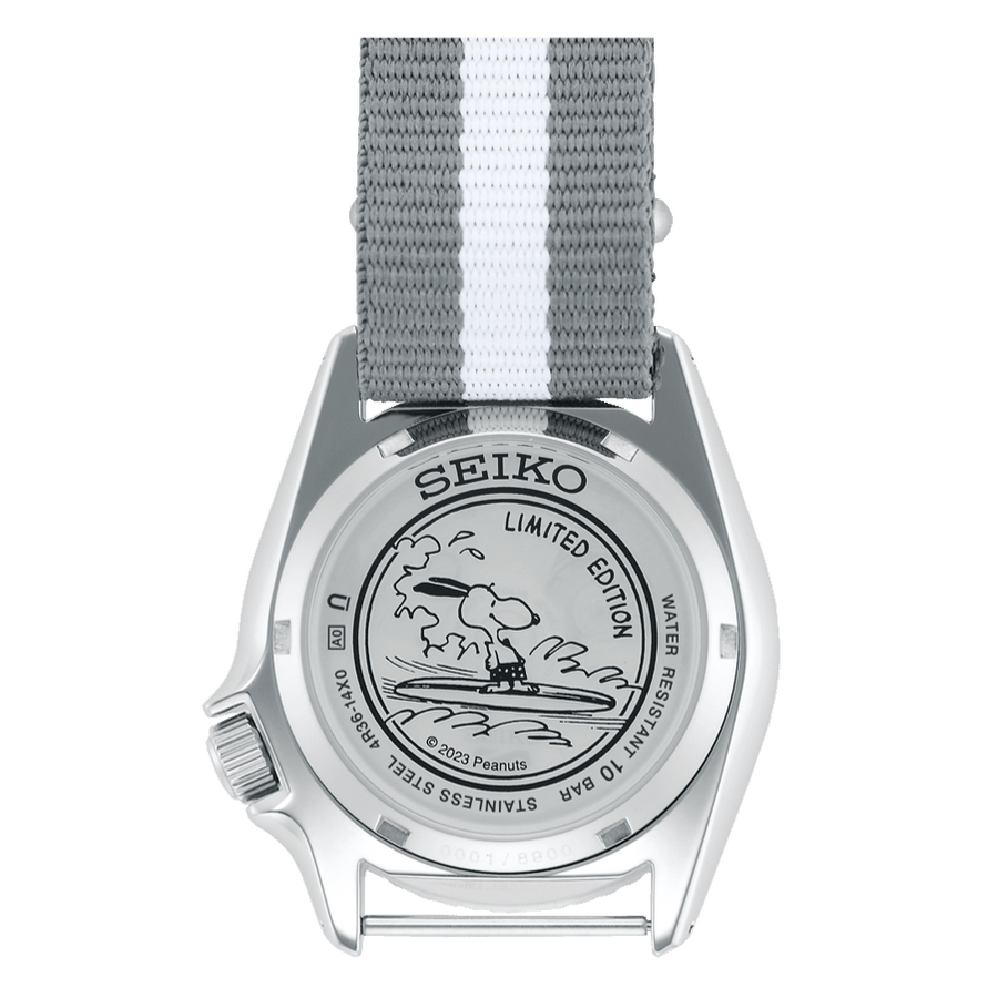 Seiko 5 Sports x Peanuts Surfboard Snoopy Limited Edition White Dial Two Tone NATO Strap Watch For Men - SRPK25K1