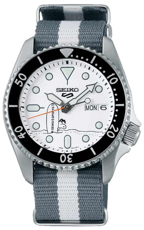 Seiko 5 Sports x Peanuts Surfboard Snoopy Limited Edition White Dial Two Tone NATO Strap Watch For Men - SRPK25K1