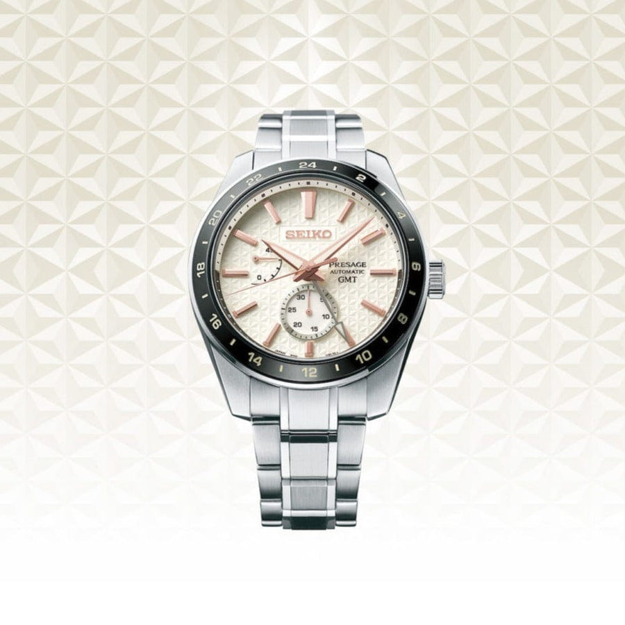 Seiko Presage Sharp Edged Series Automatic GMT Champagne Dial Silver Steel Strap Watch For Men - SPB273J1
