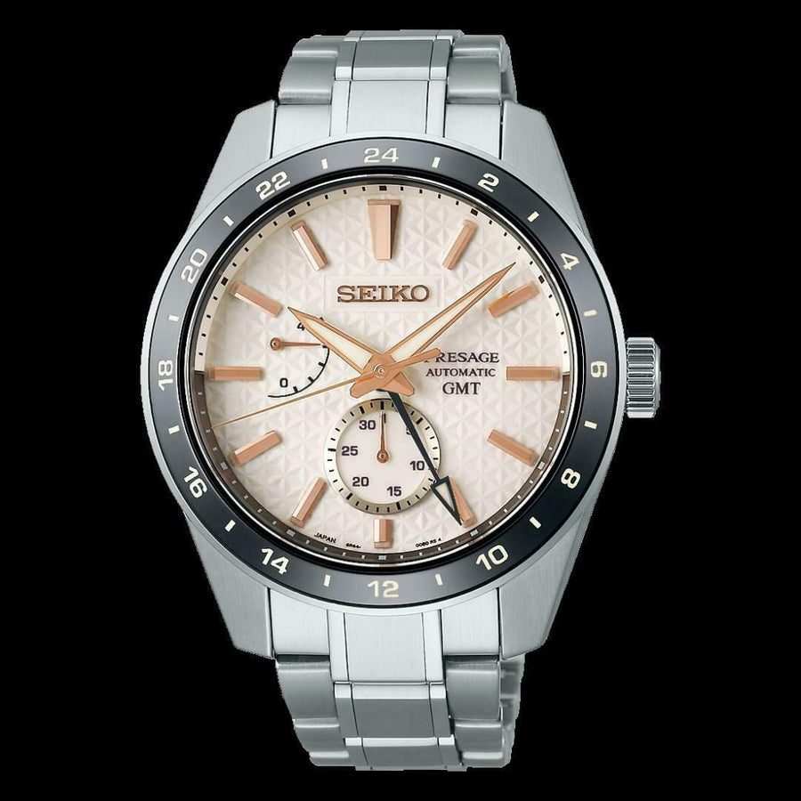 Seiko Presage Sharp Edged Series Automatic GMT Champagne Dial Silver Steel Strap Watch For Men - SPB273J1