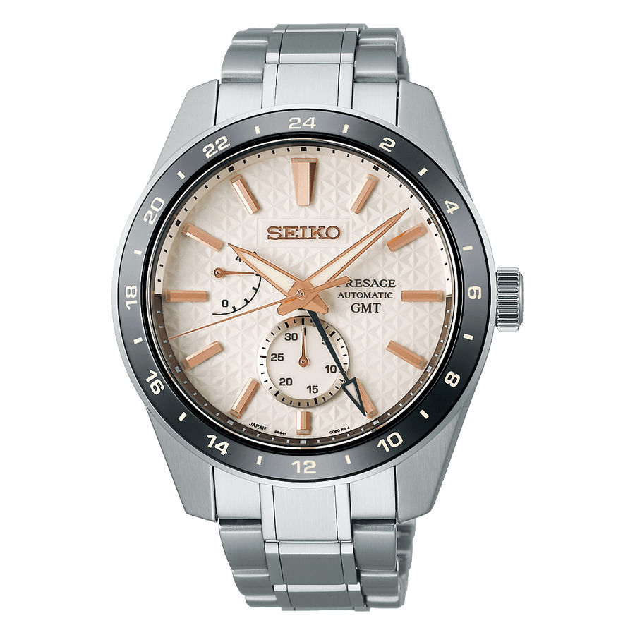 Seiko Presage Sharp Edged Series Automatic GMT Champagne Dial Silver Steel Strap Watch For Men - SPB273J1