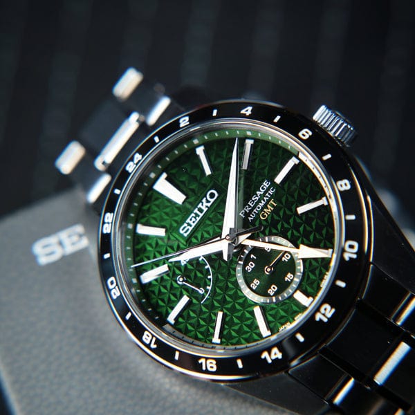 Seiko Presage Sharp Edged Series GMT Green Dial Silver Steel Strap Watch For Men - SPB219J1