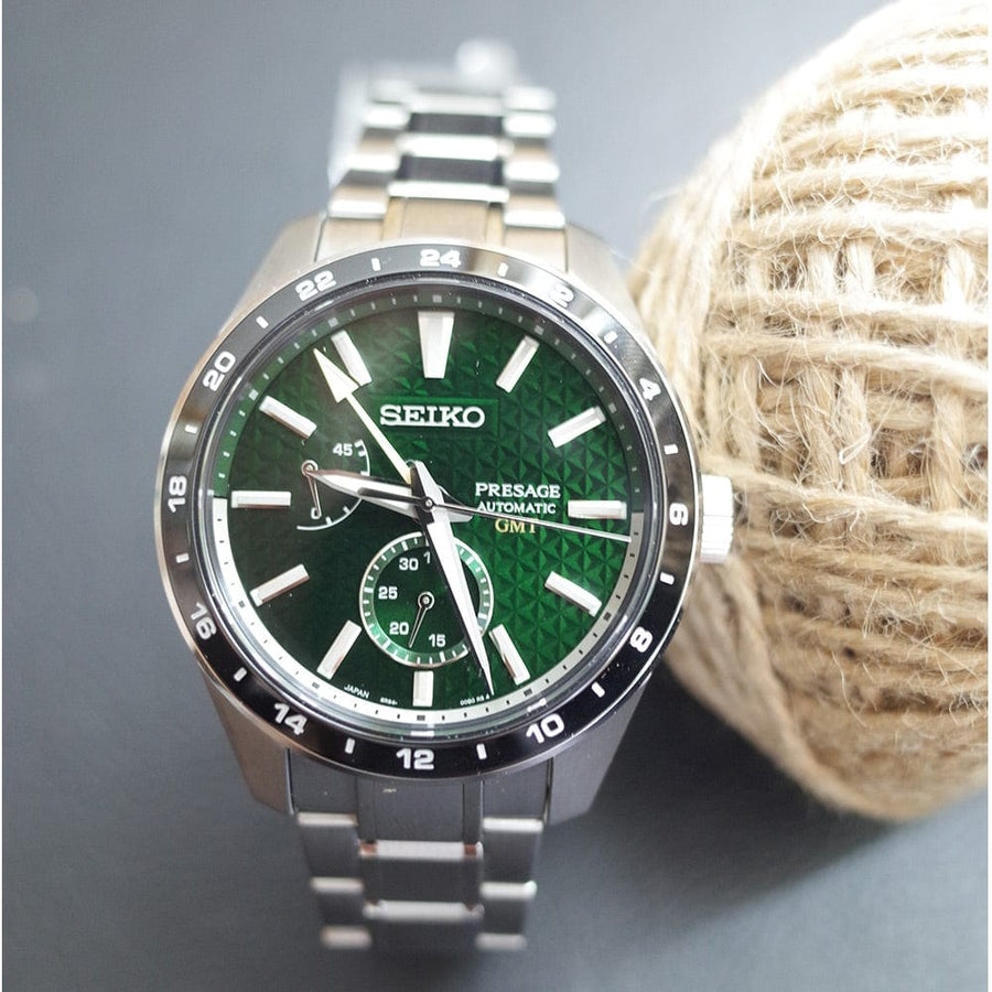 Seiko Presage Sharp Edged Series GMT Green Dial Silver Steel Strap Watch For Men - SPB219J1