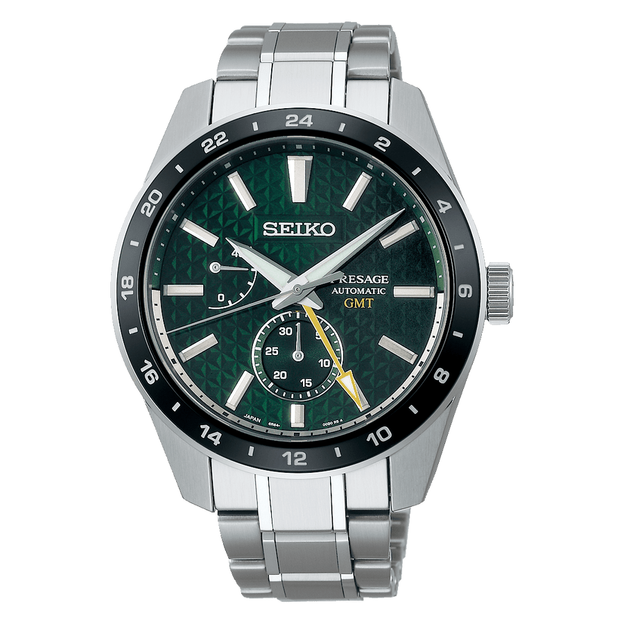 Seiko Presage Sharp Edged Series GMT Green Dial Silver Steel Strap Watch For Men - SPB219J1