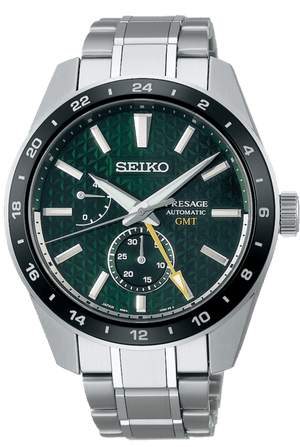 Seiko Presage Sharp Edged Series GMT Green Dial Silver Steel Strap Watch For Men - SPB219J1
