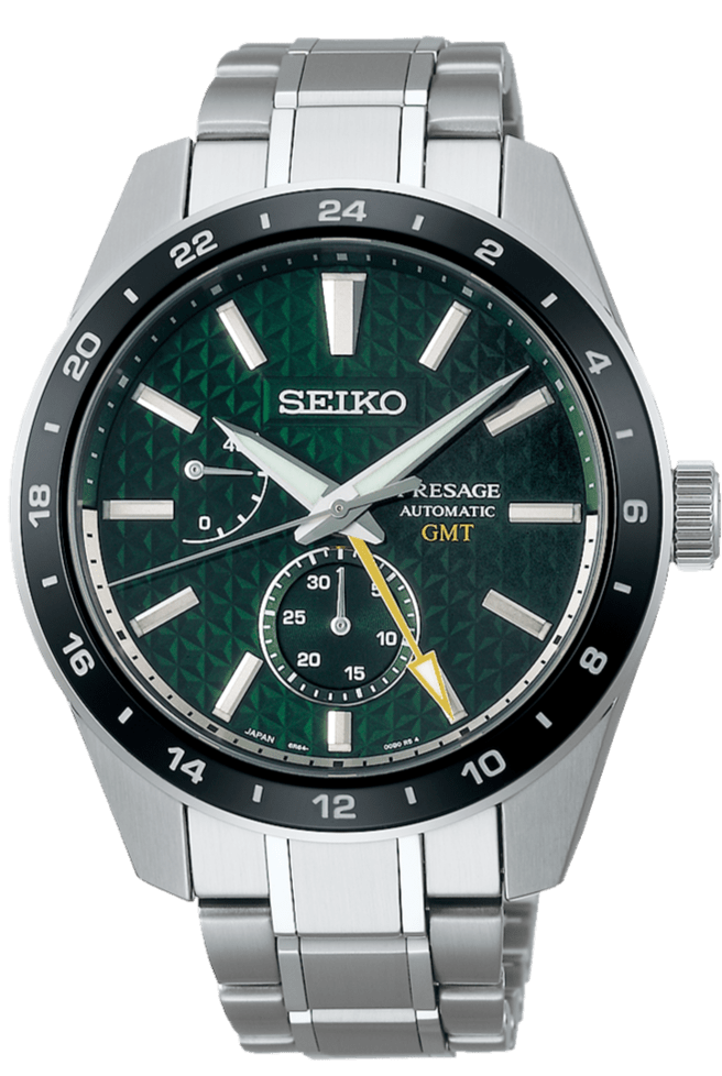 Seiko Presage Sharp Edged Series GMT Green Dial Silver Steel Strap Watch For Men - SPB219J1