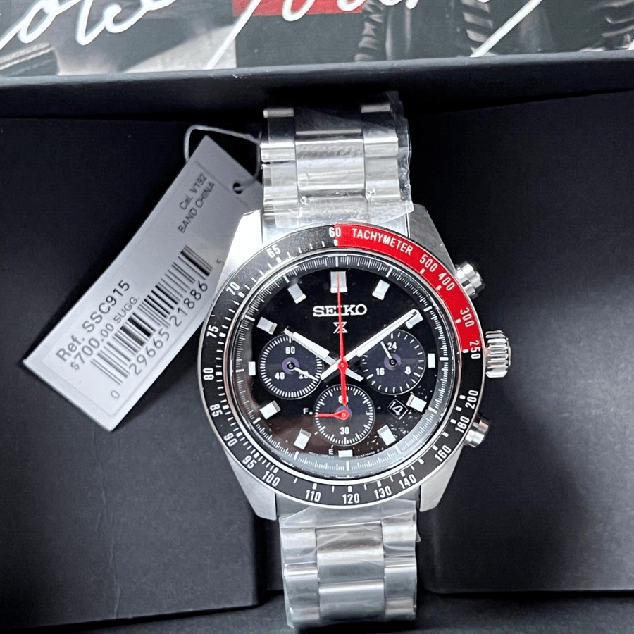 Seiko Prospex Speedtimer Solar Chronograph Black Dial Silver Steel Strap Watch for Men - SSC915