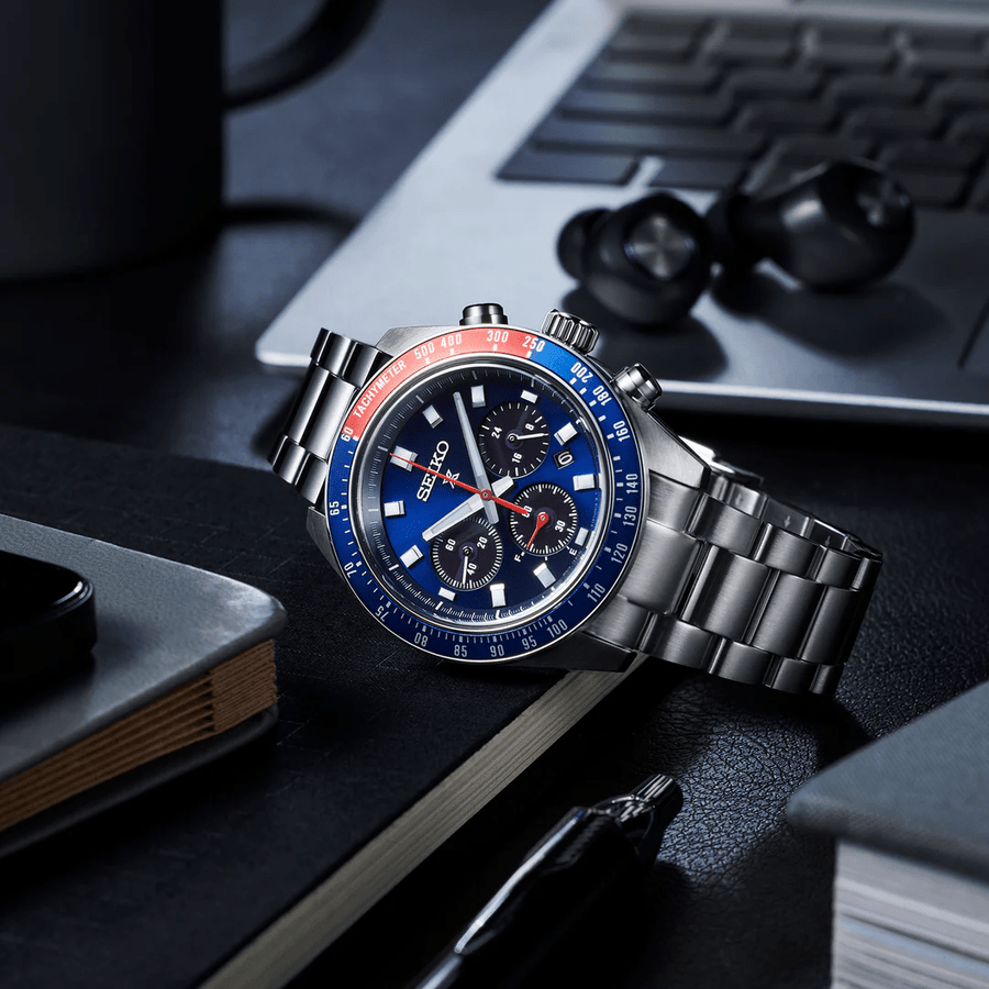 Seiko Prospex Speedtimer Solar Chronograph Blue Dial Silver Steel Strap Watch for Men - SSC913