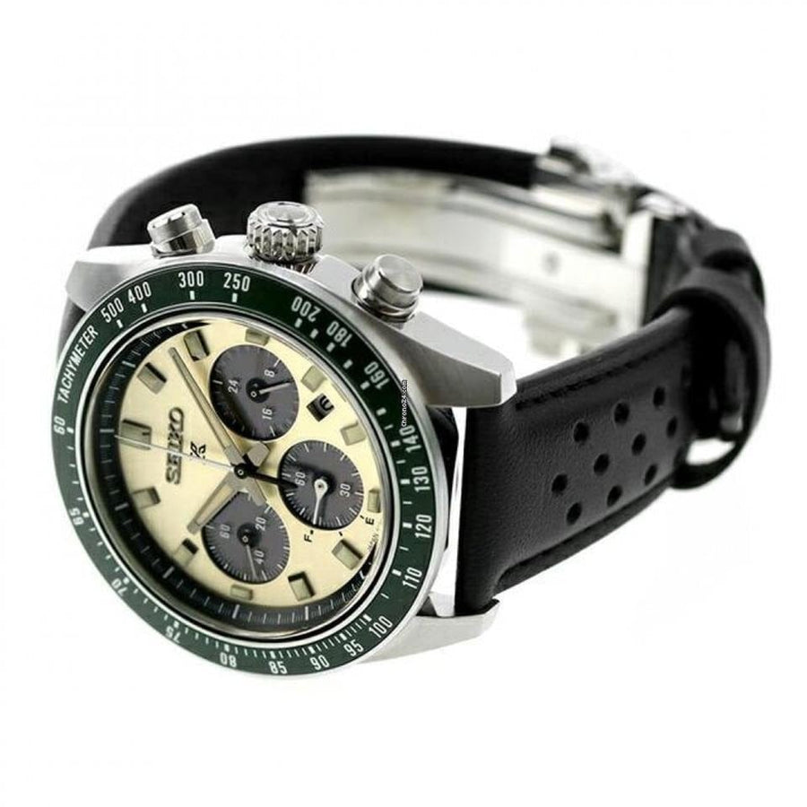 Seiko Prospex Speedtimer Solar Chronograph Ivory Dial Black Leather Strap Watch for Men - SSC943