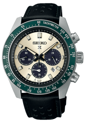 Seiko Prospex Speedtimer Solar Chronograph Ivory Dial Black Leather Strap Watch for Men - SSC943