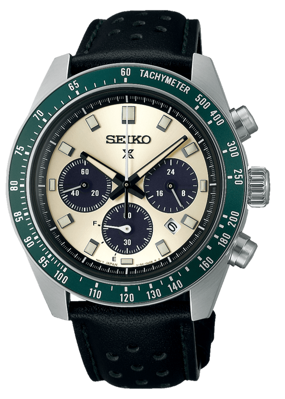 Seiko Prospex Speedtimer Solar Chronograph Ivory Dial Black Leather Strap Watch for Men - SSC943