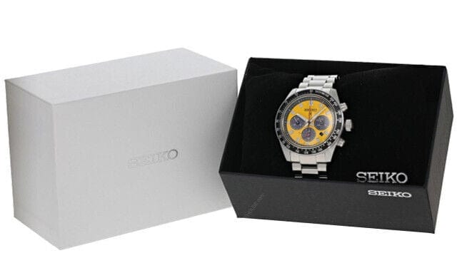 Seiko Prospex Speedtimer Solar Chronograph Yellow Dial Silver Steel Strap Watch for Men - SSC929