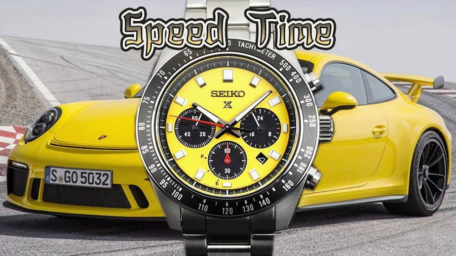 Seiko Prospex Speedtimer Solar Chronograph Yellow Dial Silver Steel Strap Watch for Men - SSC929