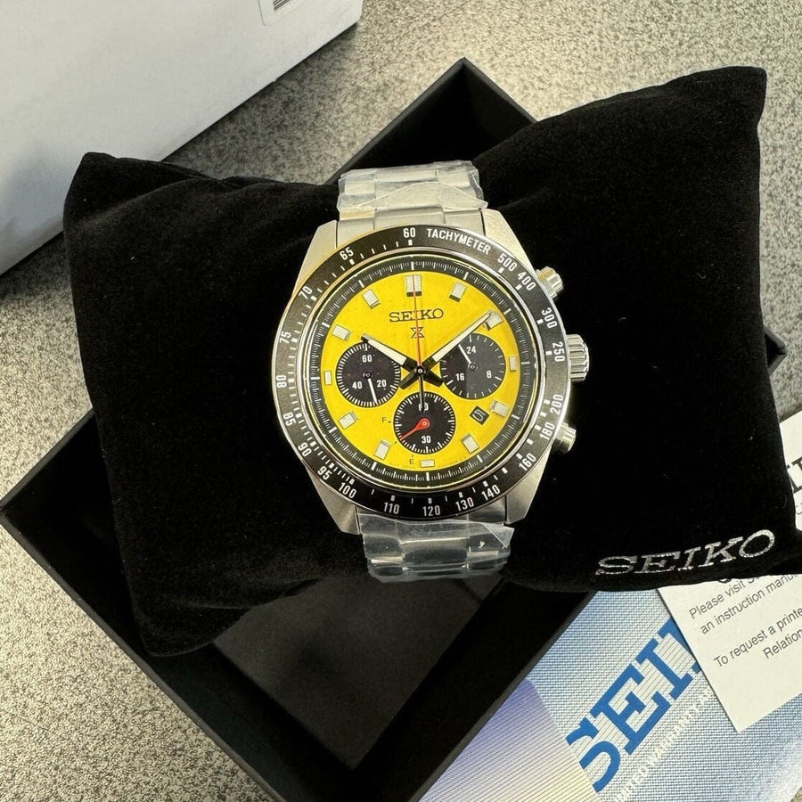 Seiko Prospex Speedtimer Solar Chronograph Yellow Dial Silver Steel Strap Watch for Men - SSC929