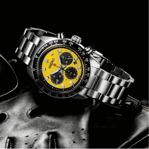 Seiko Prospex Speedtimer Solar Chronograph Yellow Dial Silver Steel Strap Watch for Men - SSC929