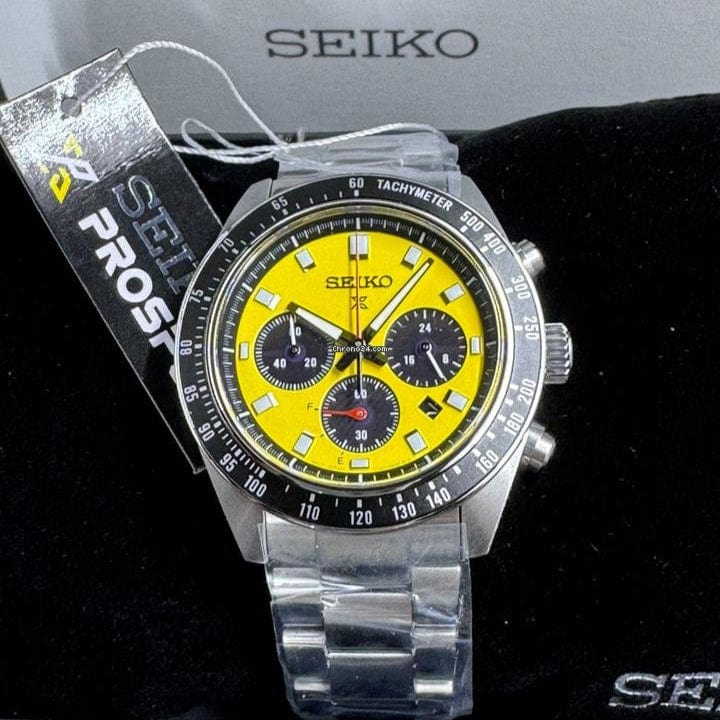 Seiko Prospex Speedtimer Solar Chronograph Yellow Dial Silver Steel Strap Watch for Men - SSC929