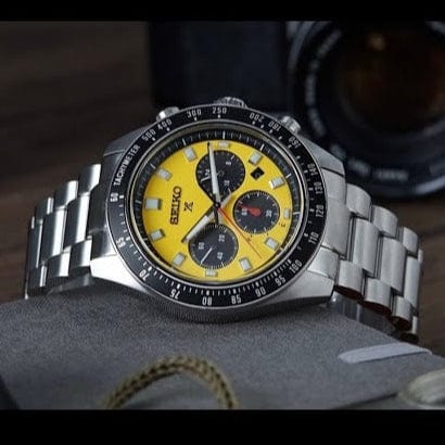 Seiko Prospex Speedtimer Solar Chronograph Yellow Dial Silver Steel Strap Watch for Men - SSC929