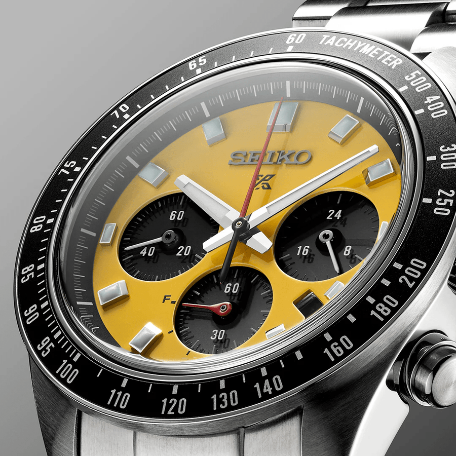 Seiko Prospex Speedtimer Solar Chronograph Yellow Dial Silver Steel Strap Watch for Men - SSC929