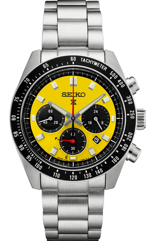 Seiko Prospex Speedtimer Solar Chronograph Yellow Dial Silver Steel Strap Watch for Men - SSC929