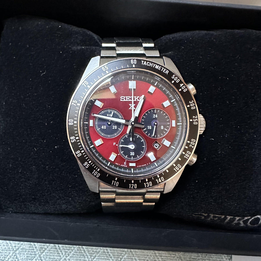 Seiko Prospex US Special Edition Speedtimer Solar Chronograph Red Dial Silver Steel Strap Watch for Men - SSC927