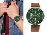 Tommy Hilfiger Jimmy Chronograph Green Dial Brown Leather Strap Watch For Men - 1791948