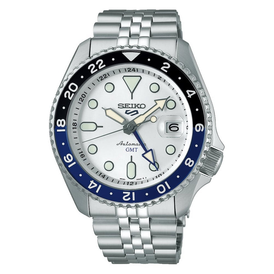 Seiko 5 Sports SKX GMT Automatic Sky Blue Dial Silver Steel Strap Watch For Men - SSK033K1