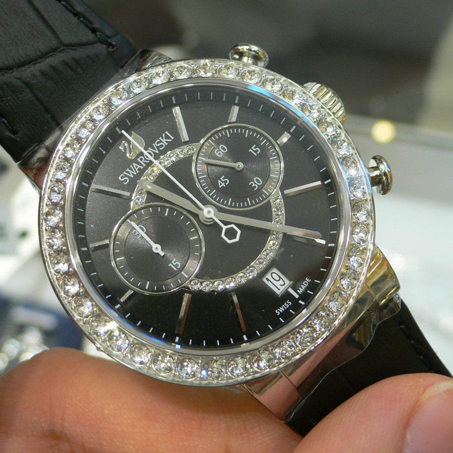 Swarovski Citra Sphere Chronograph Black Dial Black Leather Strap Watch for Women - 5027131