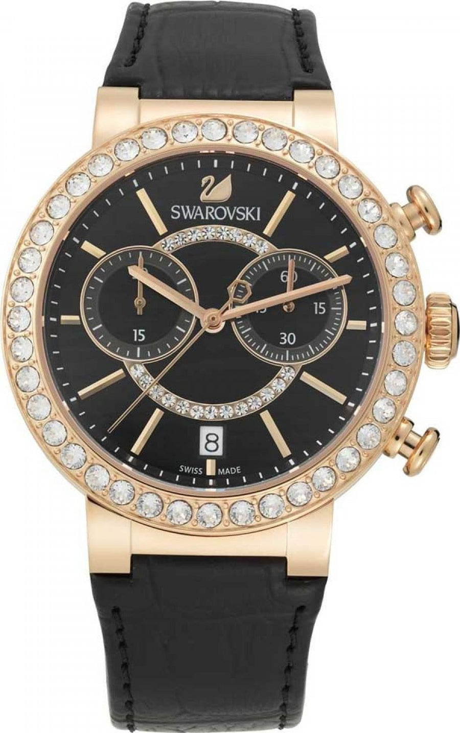 Swarovski Citra Sphere Chronograph Black Dial Black Leather Strap Watch for Women - 5055209