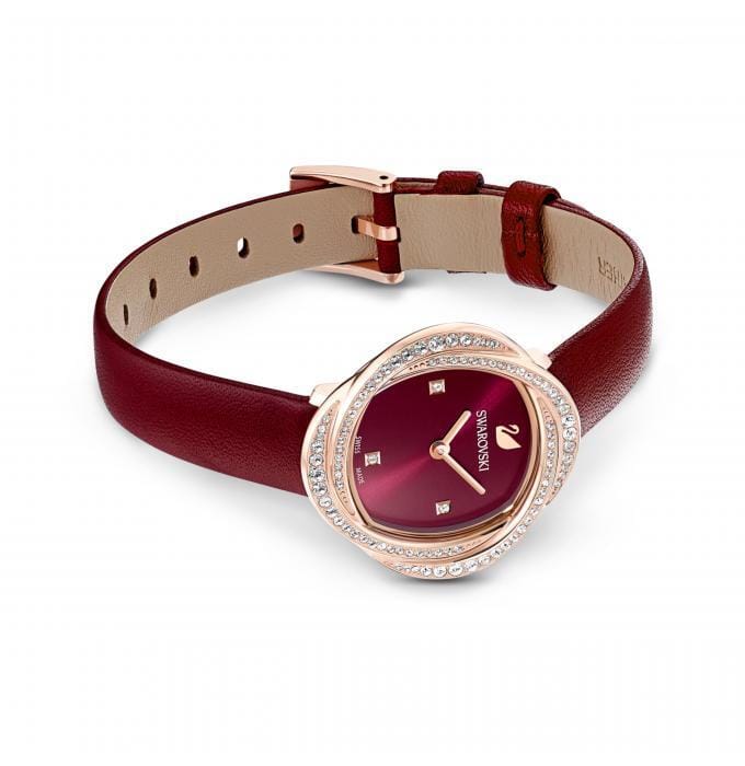 Swarovski Crystal Flower Red Dial Red Leather Strap Watch for Women - 5552780