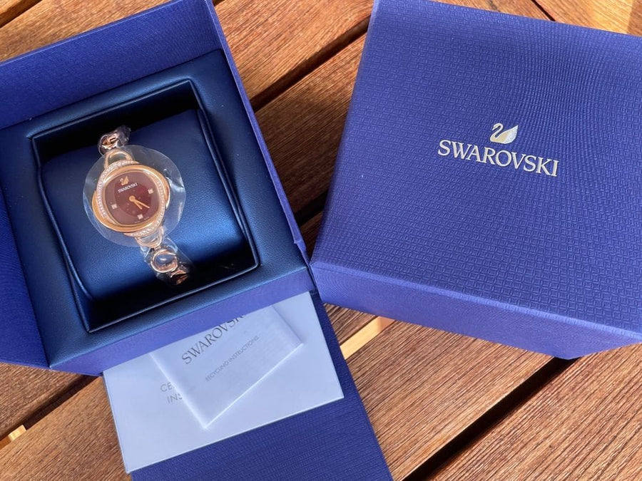 Swarovski Crystal Flower Red Dial Rose Gold Steel Strap Watch for Women - 5552783