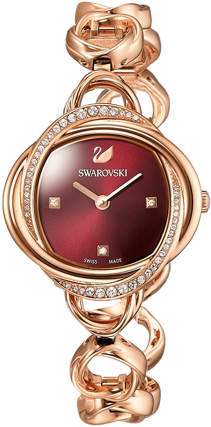 Swarovski Crystal Flower Red Dial Rose Gold Steel Strap Watch for Women - 5552783