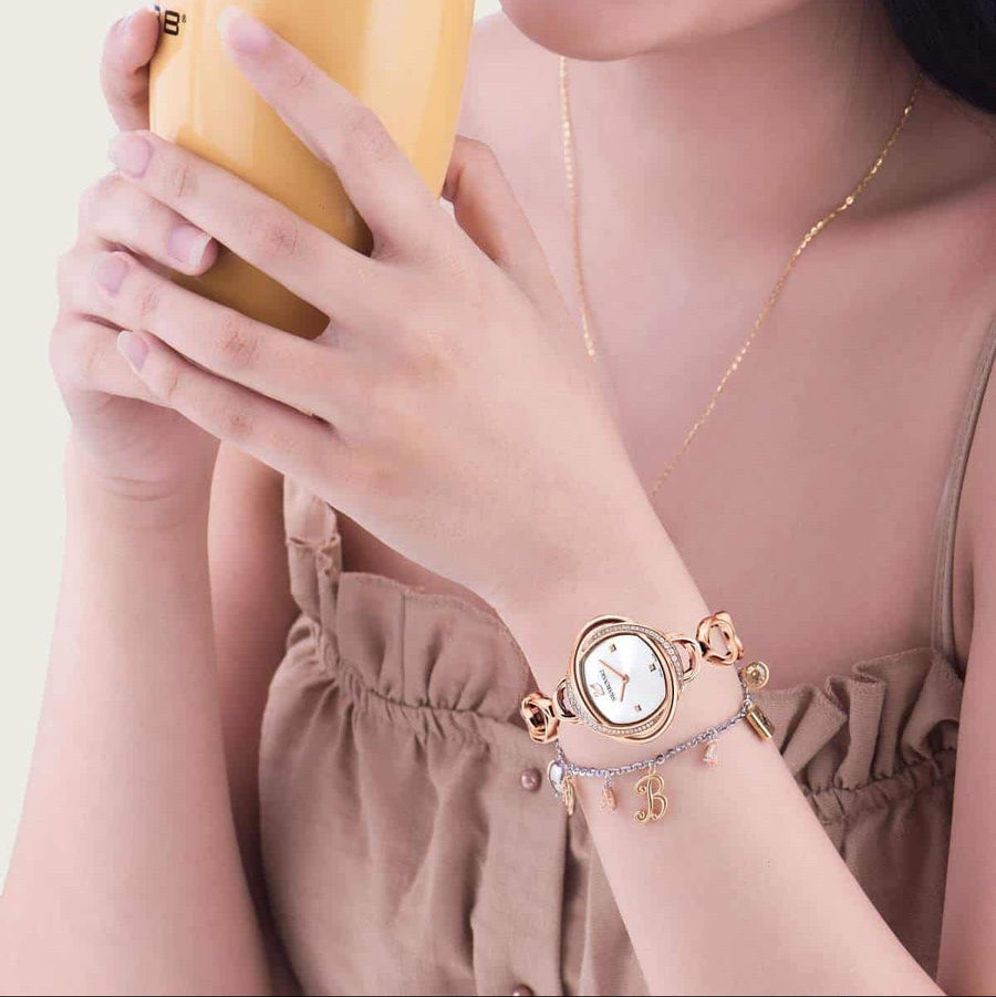 Swarovski Crystal Flower Silver Dial Rose Gold Steel Strap Watch for Women - 5547626