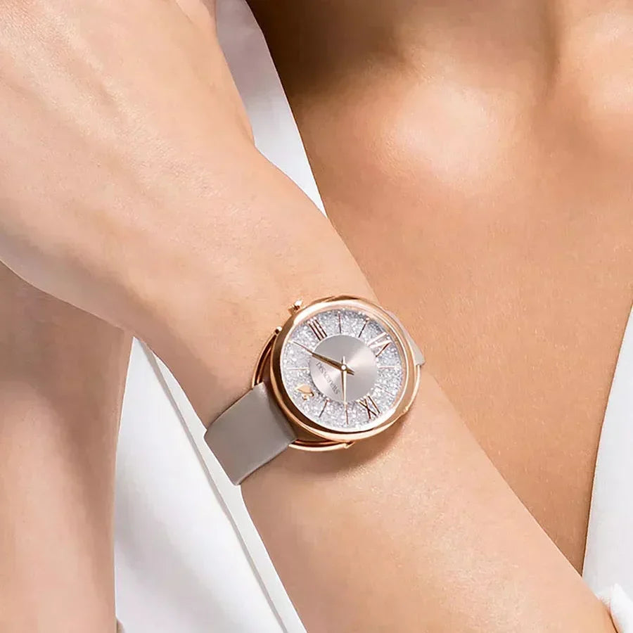 Swarovski Crystalline Glam Silver Dial Grey Leather Strap Watch for Women - 5452455