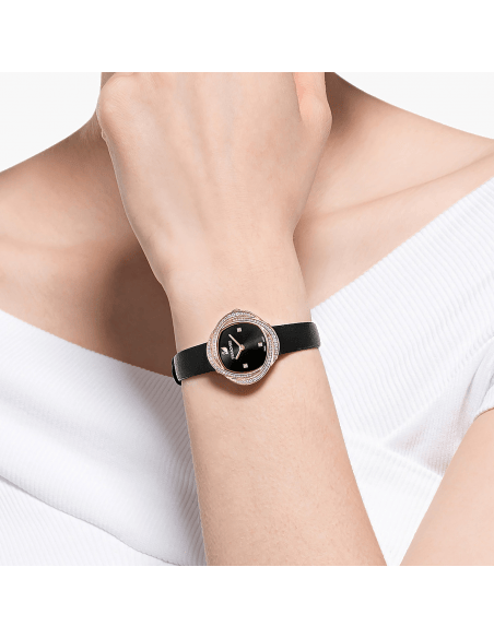 Swarovski Crystalline Pure Black Dial Black Leather Strap Watch for Women - 5275043