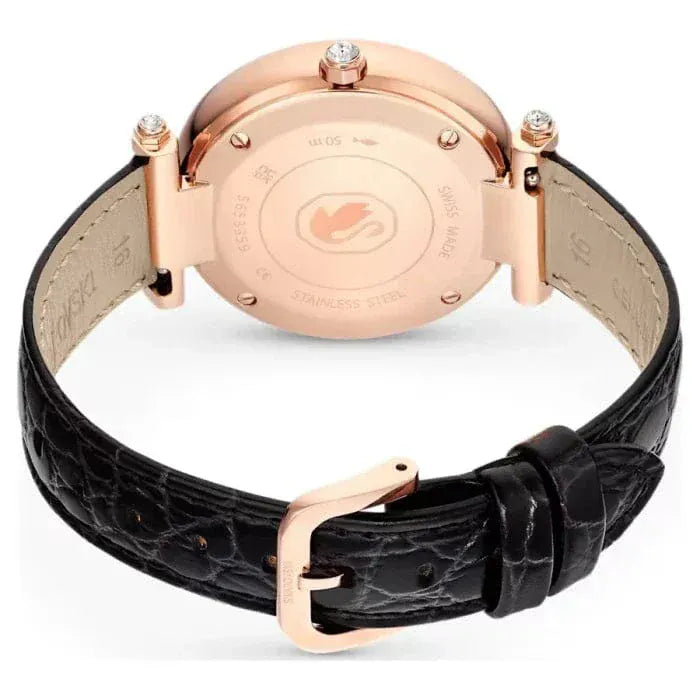 Swarovski Crystalline Wonder Silver Dial Black Leather Strap Watch for Women - 5653359