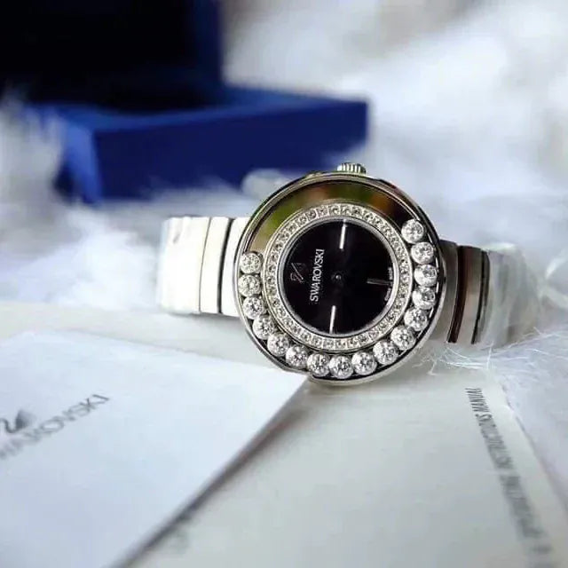 Swarovski Lovely Crystal Black Dial Silver Steel Strap Watch for Women - 1160305