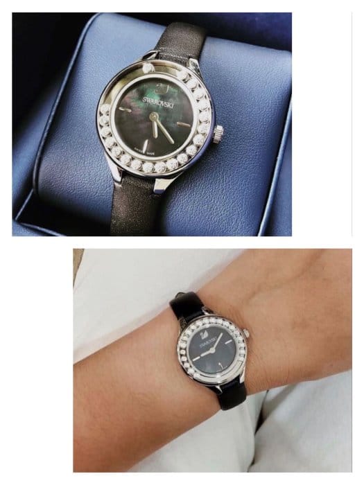 Swarovski Lovely Crystals Mother of Pearl Black Dial Black Leather Strap Watch for Women - 5242898