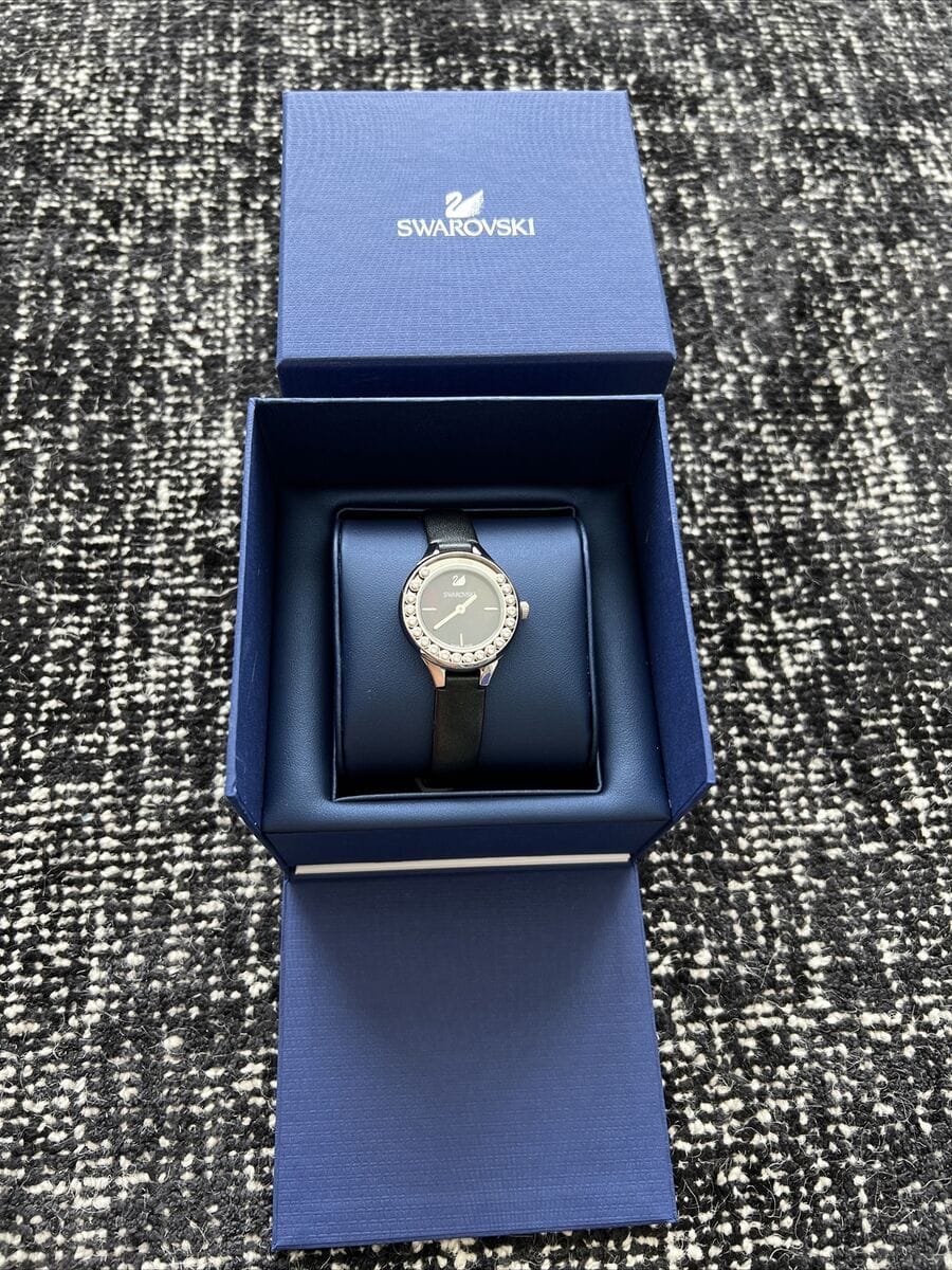 Swarovski Lovely Crystals Mother of Pearl Black Dial Black Leather Strap Watch for Women - 5242898