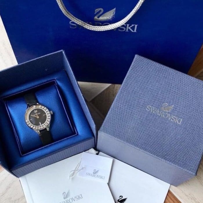 Swarovski Lovely Crystals Mother of Pearl Black Dial Black Leather Strap Watch for Women - 5242898