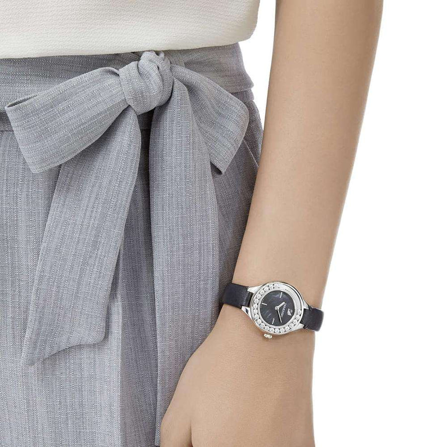 Swarovski Lovely Crystals Mother of Pearl Black Dial Black Leather Strap Watch for Women - 5242898
