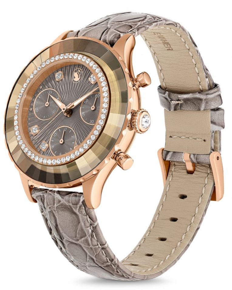 Swarovski Octea Chrono Grey Dial Grey Leather Strap Watch for Women - 5671153
