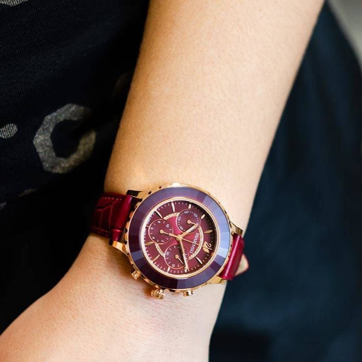 Swarovski Octea Lux Chrono Red Dial Red Leather Strap Watch for Women - 5547642