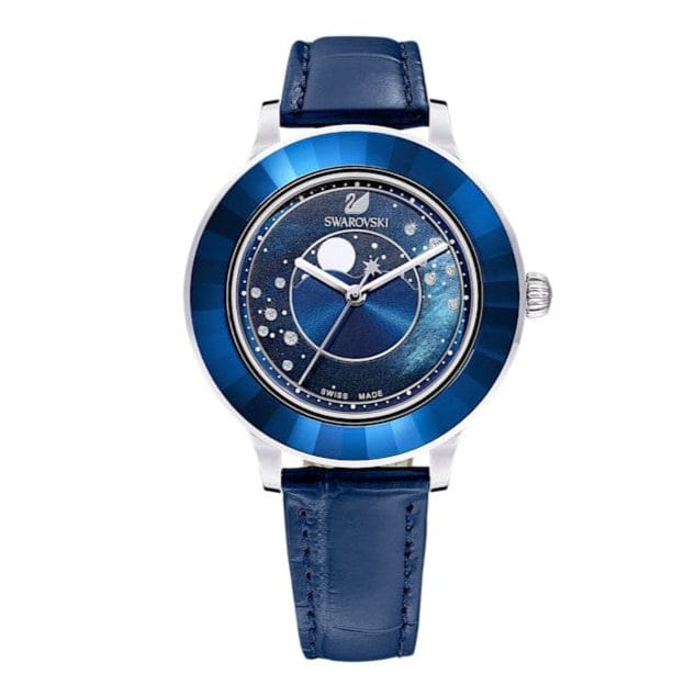 Swarovski Octea Lux Moon Crystal Blue Dial Blue Leather Strap Watch for Women - 5516305