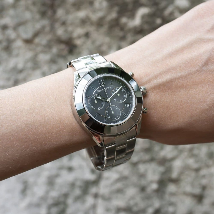 Swarovski Octea Lux Sport Chronograph Black Dial Silver Steel Strap Watch for Women - 5610520
