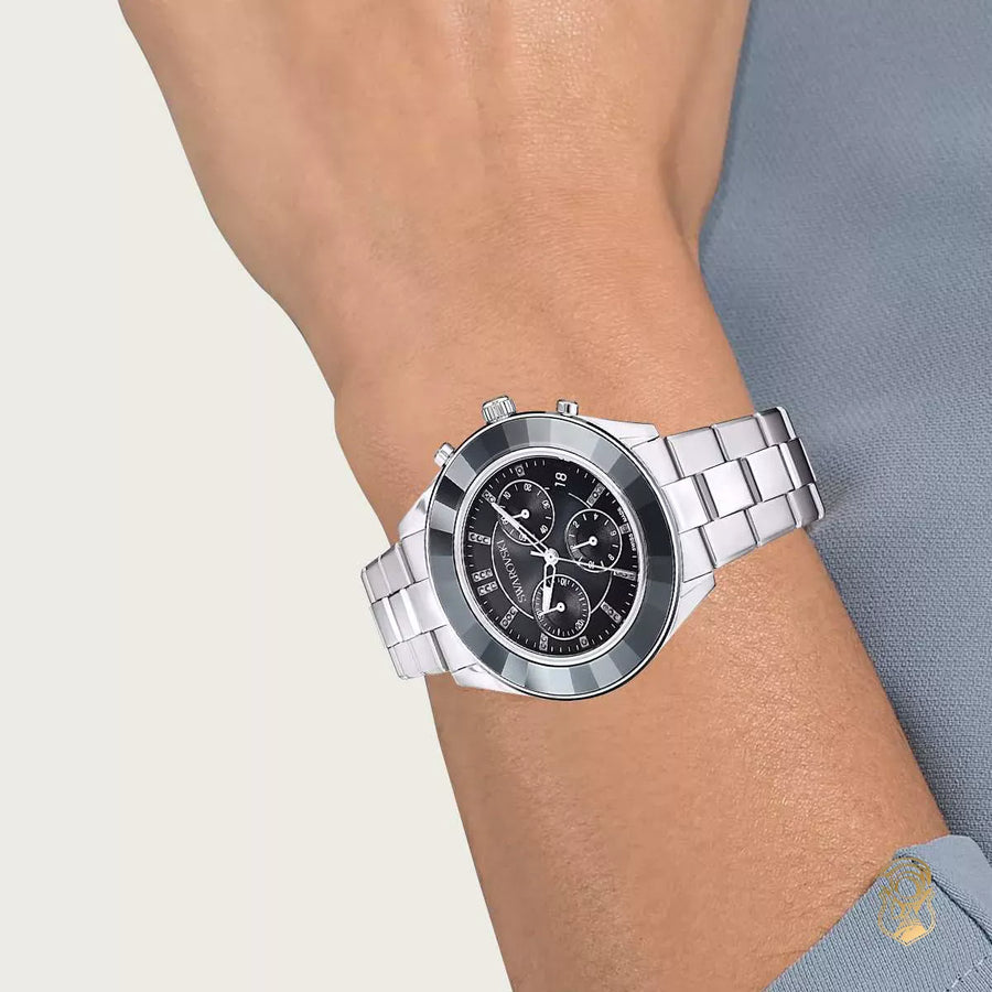 Swarovski Octea Lux Sport Chronograph Black Dial Silver Steel Strap Watch for Women - 5610520