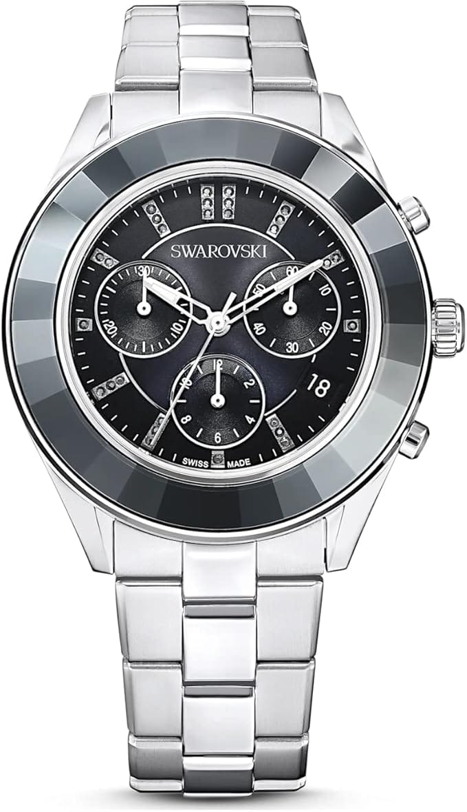 Swarovski Octea Lux Sport Chronograph Black Dial Silver Steel Strap Watch for Women - 5610520